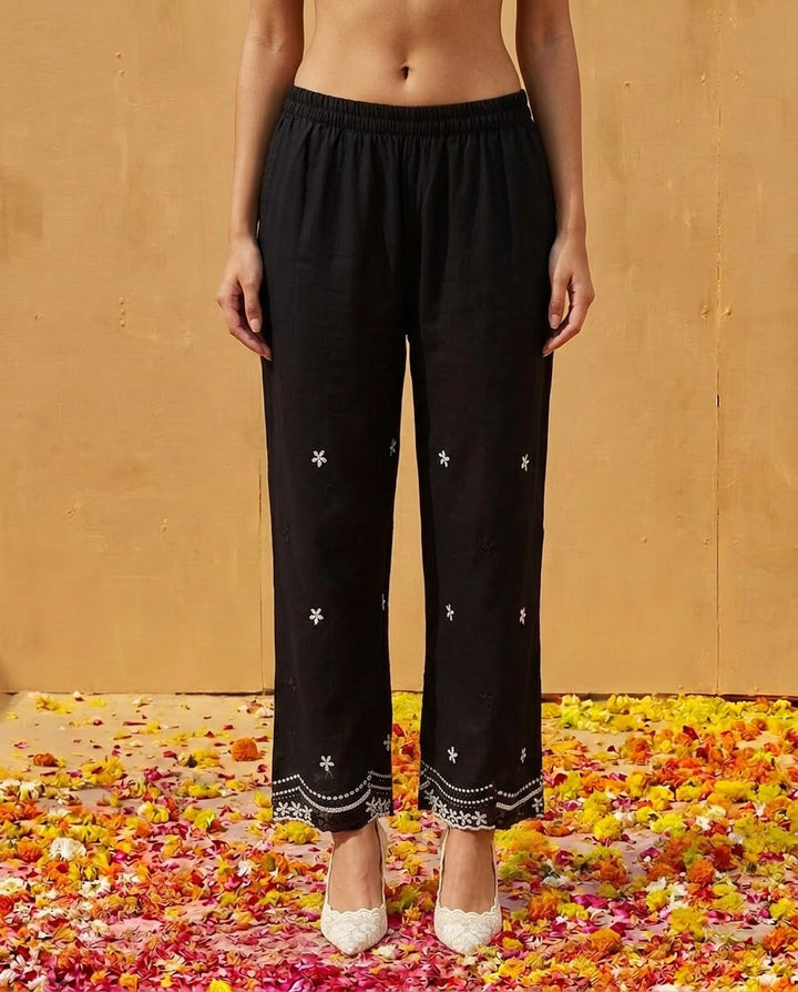 Black Embroidered Cotton Satin Co-Ord Set