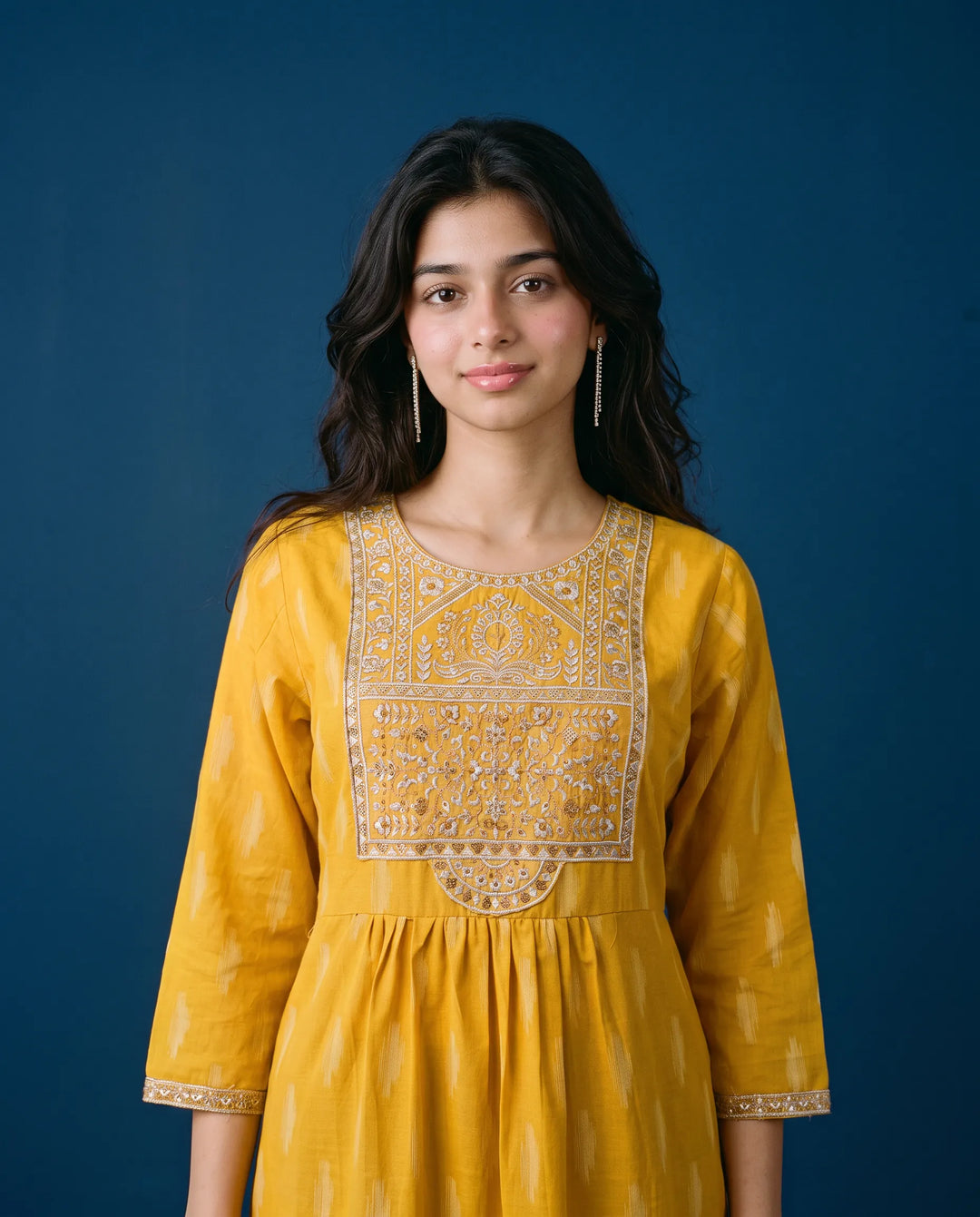 Yellow Embroidered Cotton Straight cut Long Kurta