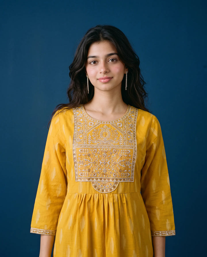 Yellow Embroidered Cotton Straight cut Long Kurta
