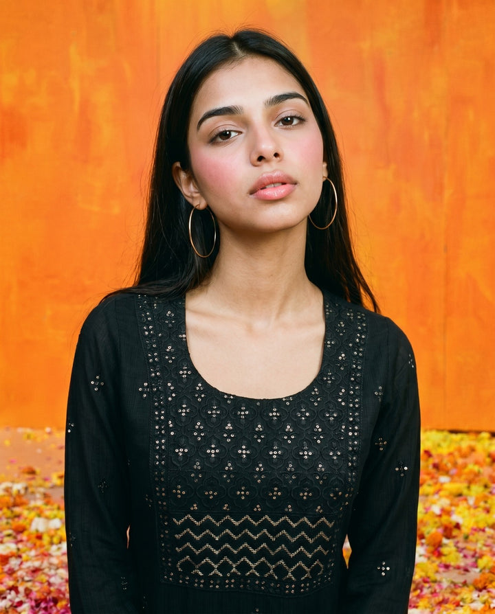 Black Embroidered Viscose Blended Straight cut Long Kurta