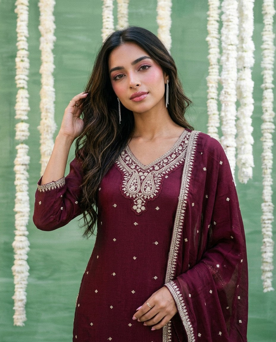Wine Embriodered Silk Blended Kurta Bottom Dupatta Set