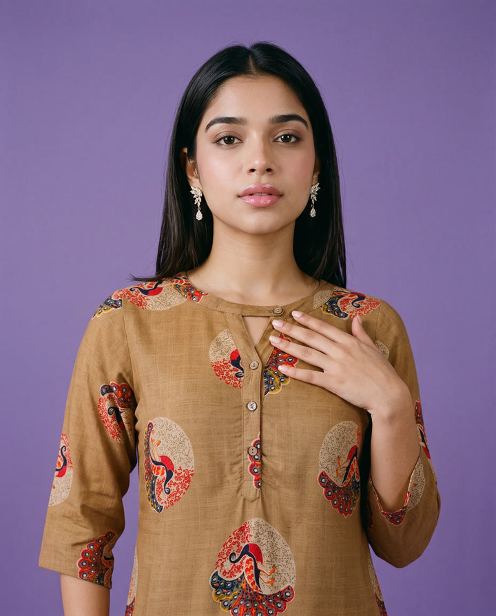 Brown Printed Rayon Straight cut Long Kurta