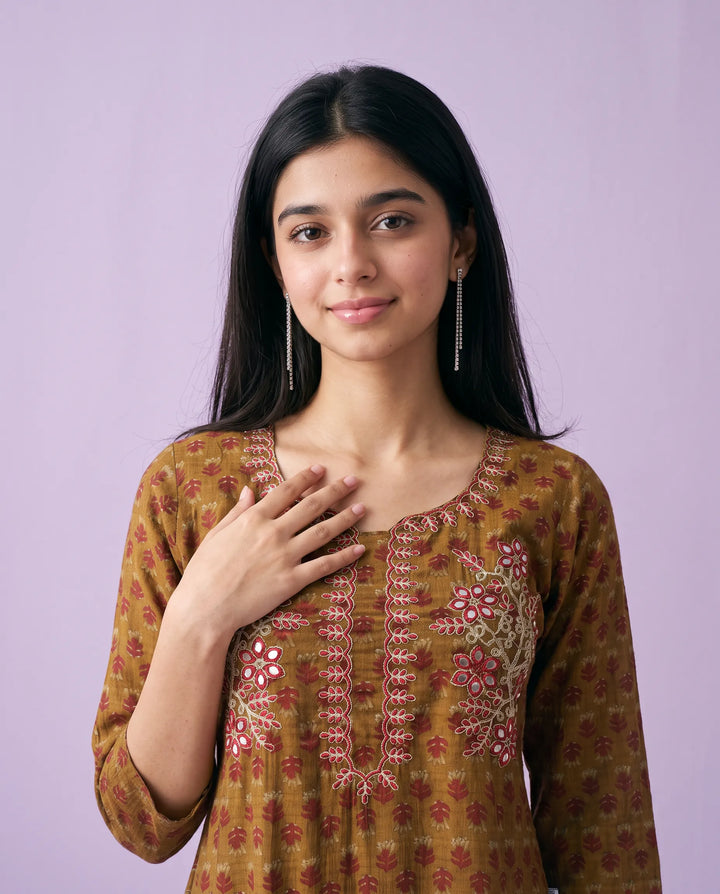 Brown Embroidered Viscose Blended Straight cut Long Kurta