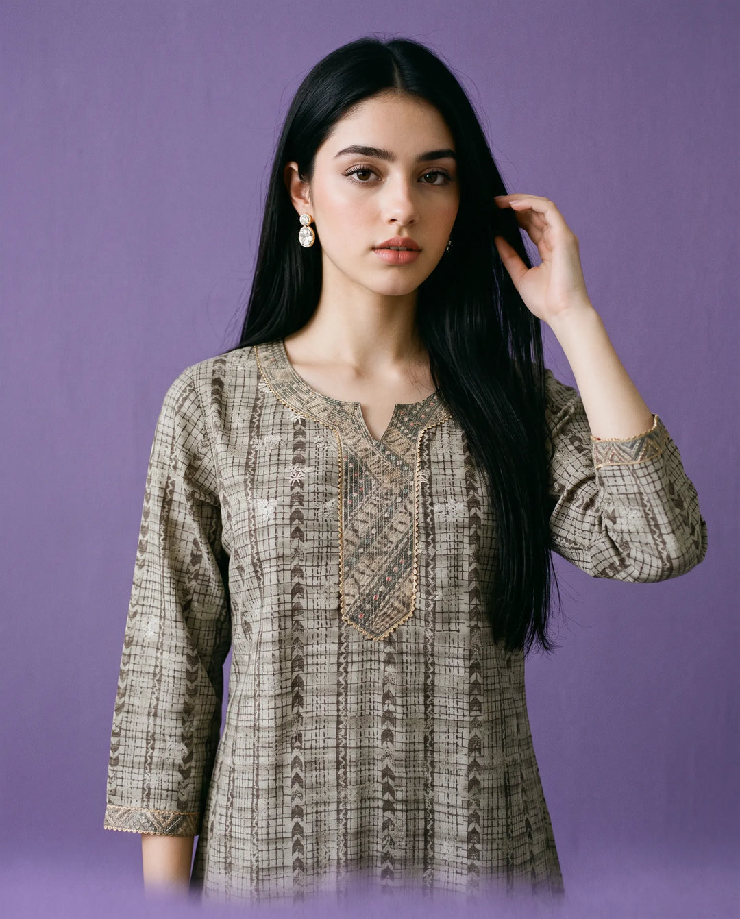 Grey Printed Viscose Blended Short Kurti