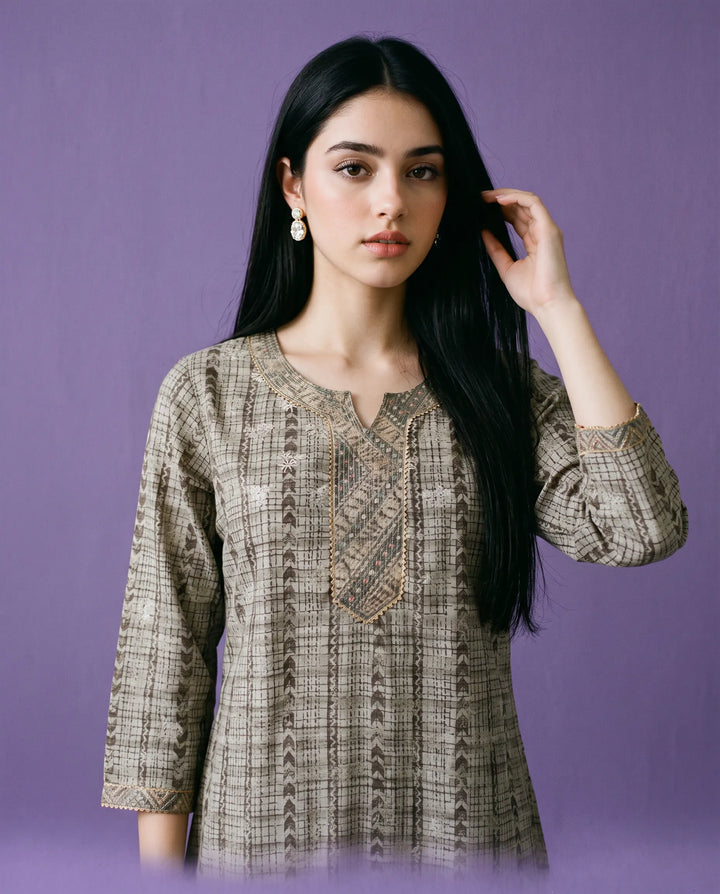 Grey Printed Viscose Blended Short Kurti