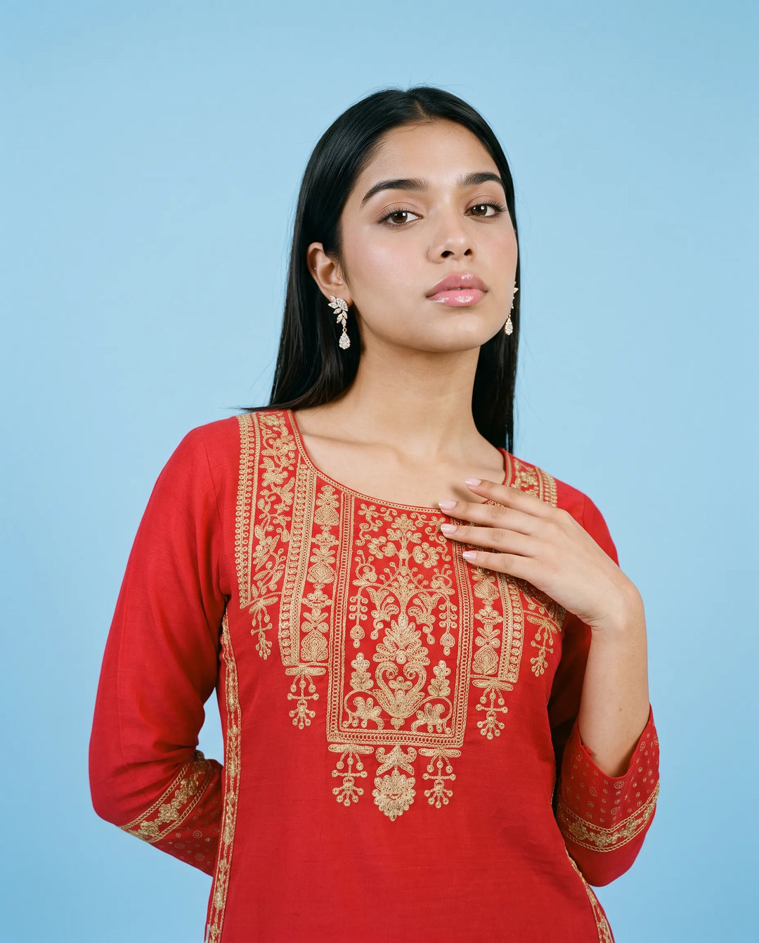 Red Embroidered Viscose Blended Straight cut Long Kurta