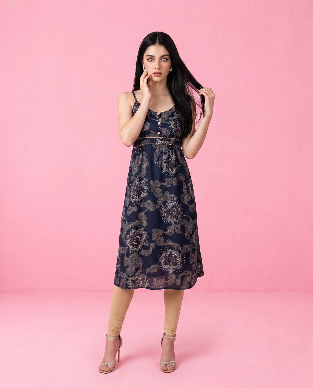 Navy Printed Viscose Blended Spaghetti Strap Straight Cut Long Kurta