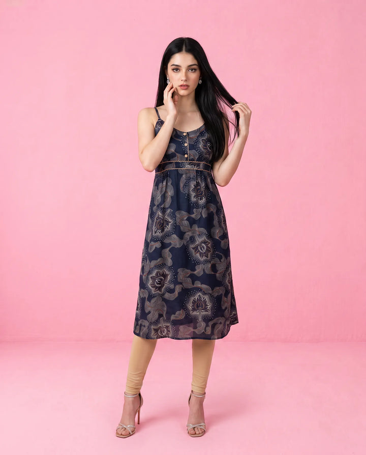 Navy Printed Viscose Blended Spaghetti Strap Straight Cut Long Kurta