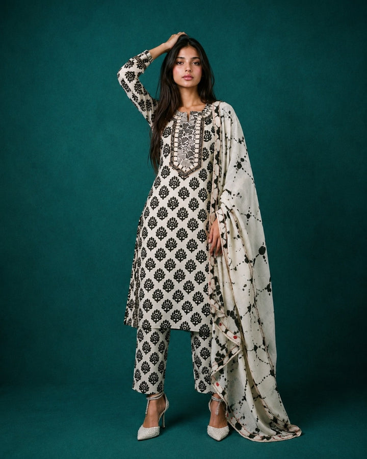 White Printed Cotton Kurta Bottom Dupatta Set