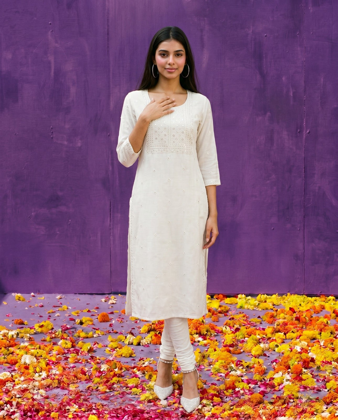 White Embroidered Viscose Blended Straight cut Long Kurta