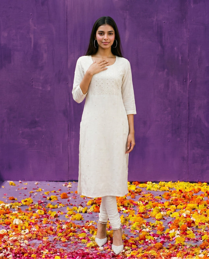 White Embroidered Viscose Blended Straight cut Long Kurta