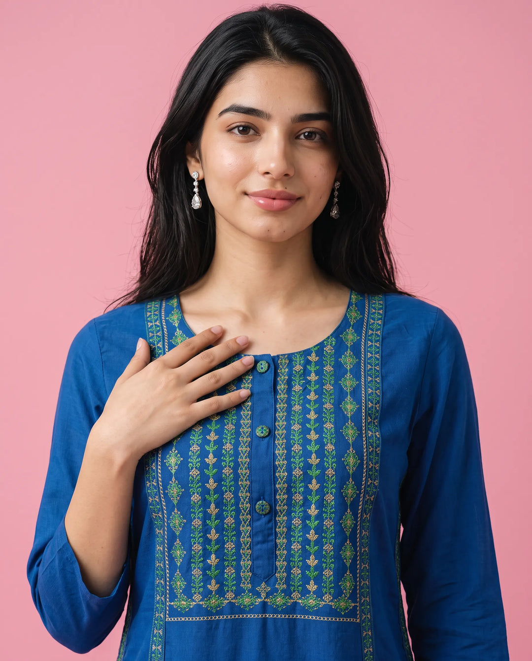 Navy Embroidered Rayon Straight Cut Long Kurta