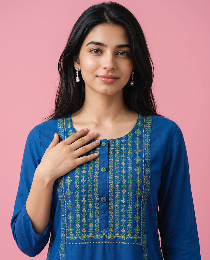 Navy Embroidered Rayon Straight Cut Long Kurta