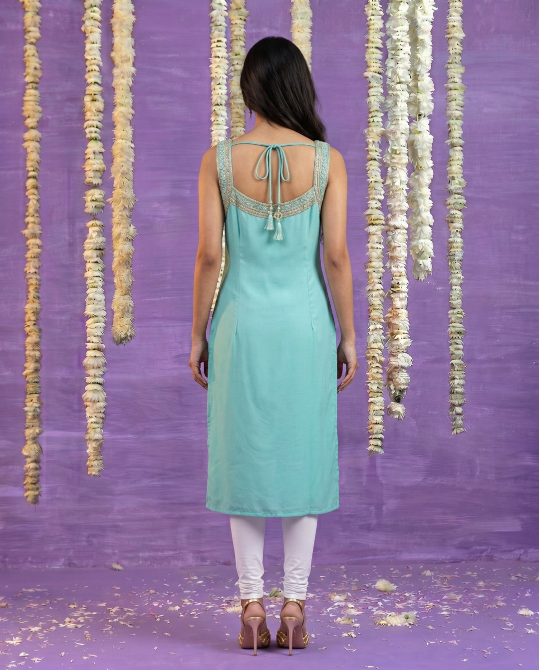 Turquoise Embroidered Viscose Blended Sleeveless Straight cut Long Kurta