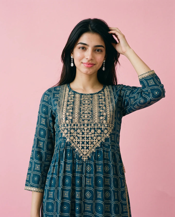 Teal Blue Embroidered Viscose Blended Straight Cut Long Kurta