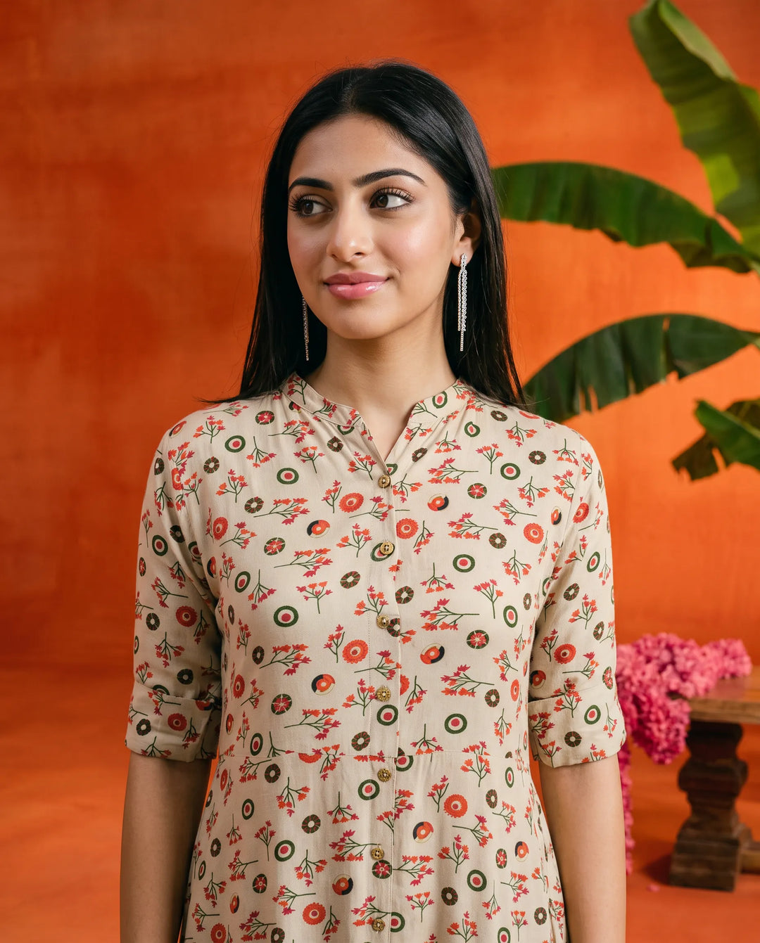 Orange Printed Rayon Maxi Dress