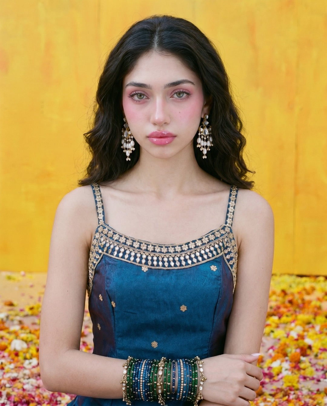 Navy Embriodered Silk Blended Spaghetti Strap Kurta Bottom Dupatta Set