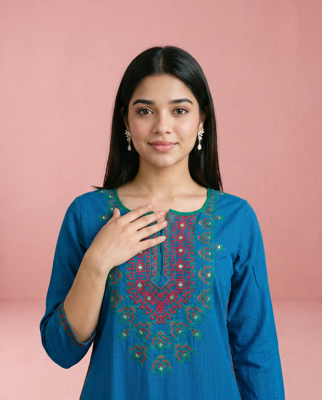 Navy Embroidered Cotton Straight cut Long Kurta
