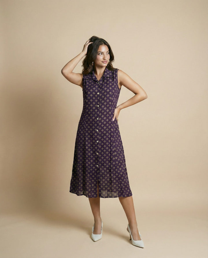 Purple Printed Viscose Blended Midi Dress