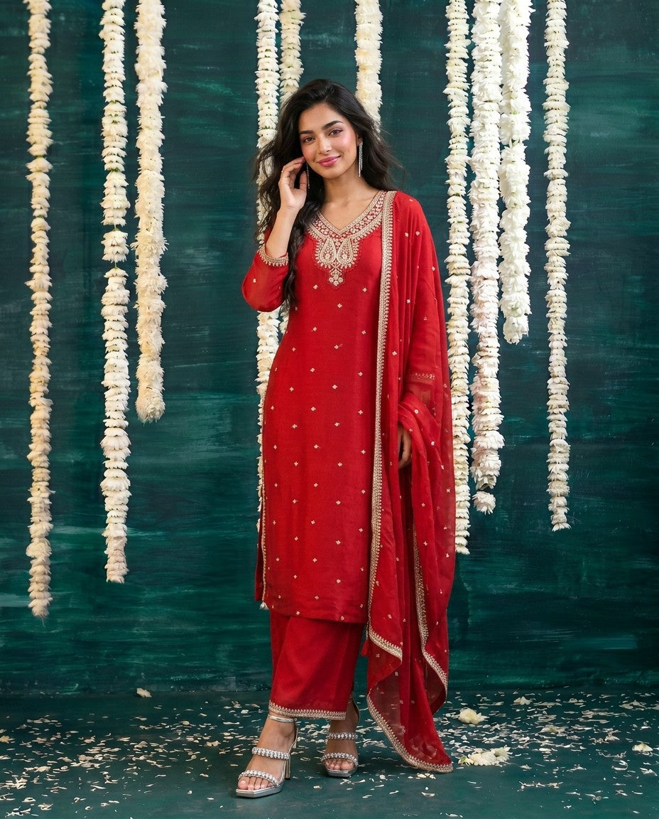 Red Embriodered Silk Blended Kurta Bottom Dupatta Set