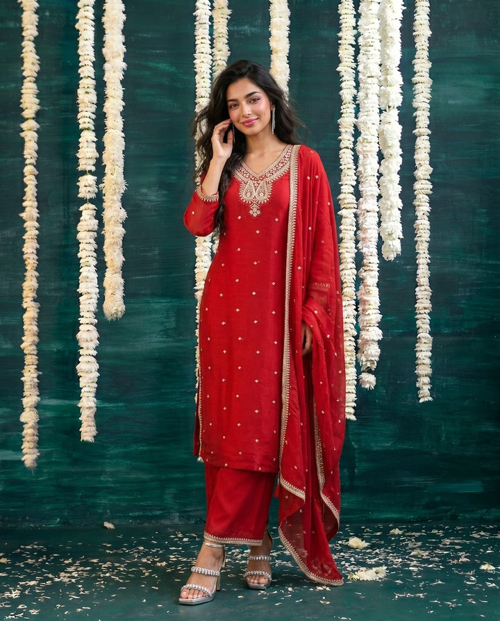 Red Embriodered Silk Blended Kurta Bottom Dupatta Set