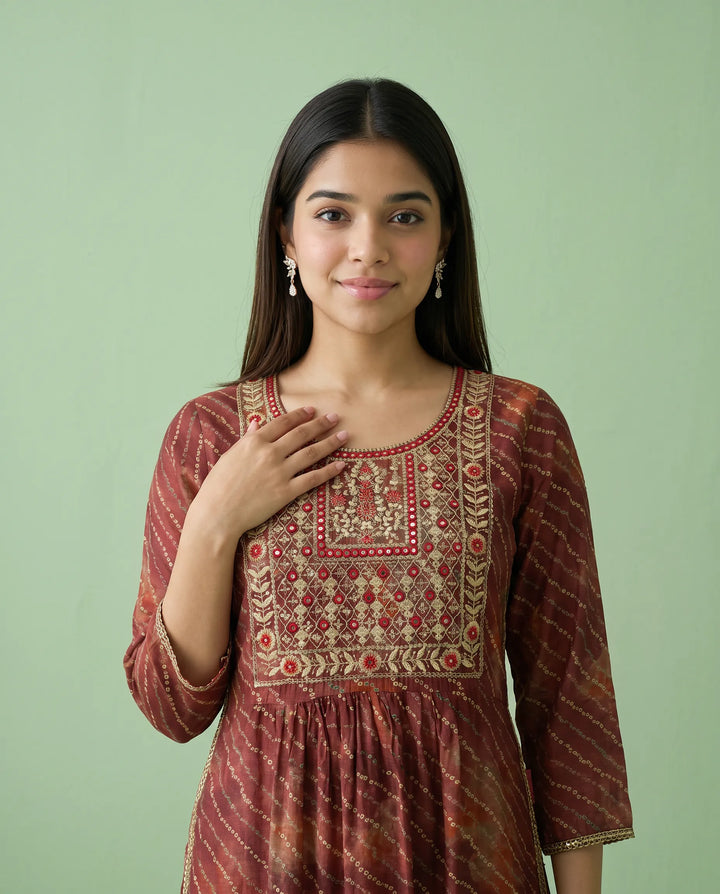 Maroon Embroidered Viscose Blended Straight cut Long Kurta