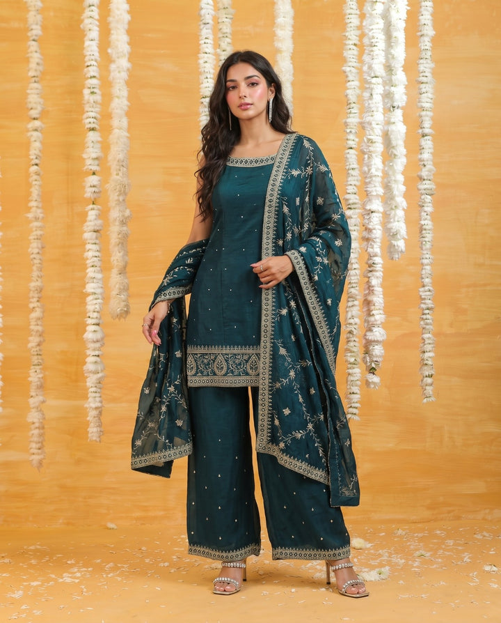 Bottle Green Embriodered Silk Blended Sleeveless Kurta Bottom Dupatta Set