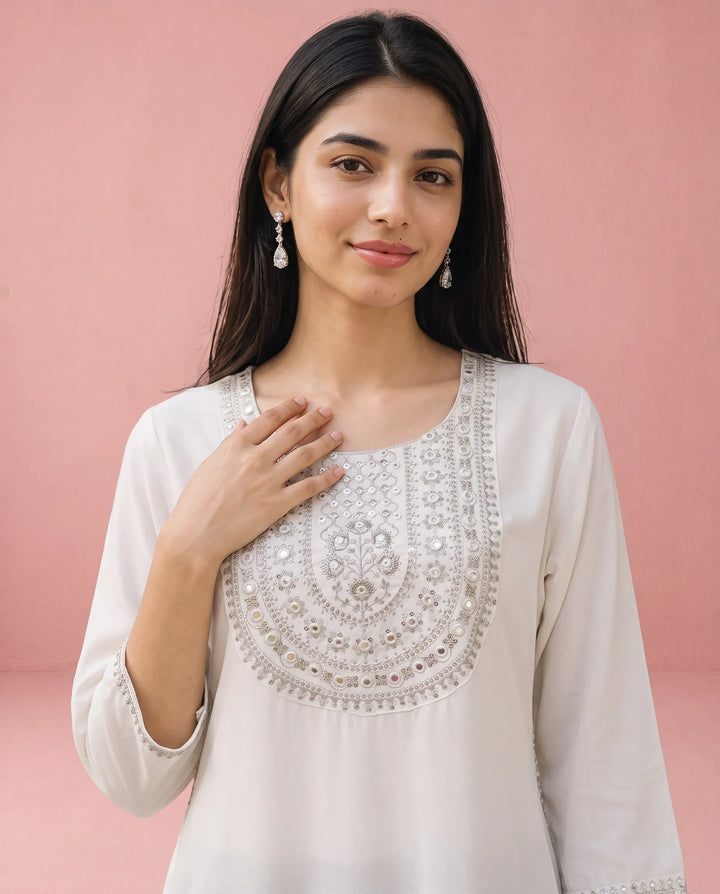 White Embroidered Rayon Straight cut Long Kurta