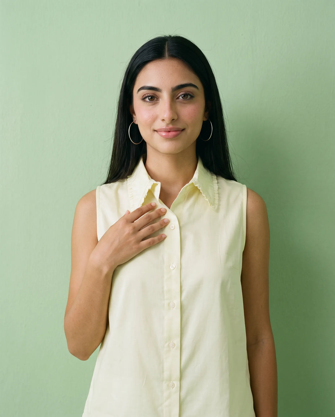 Yellow Solid Cotton Satin Sleeveless Top