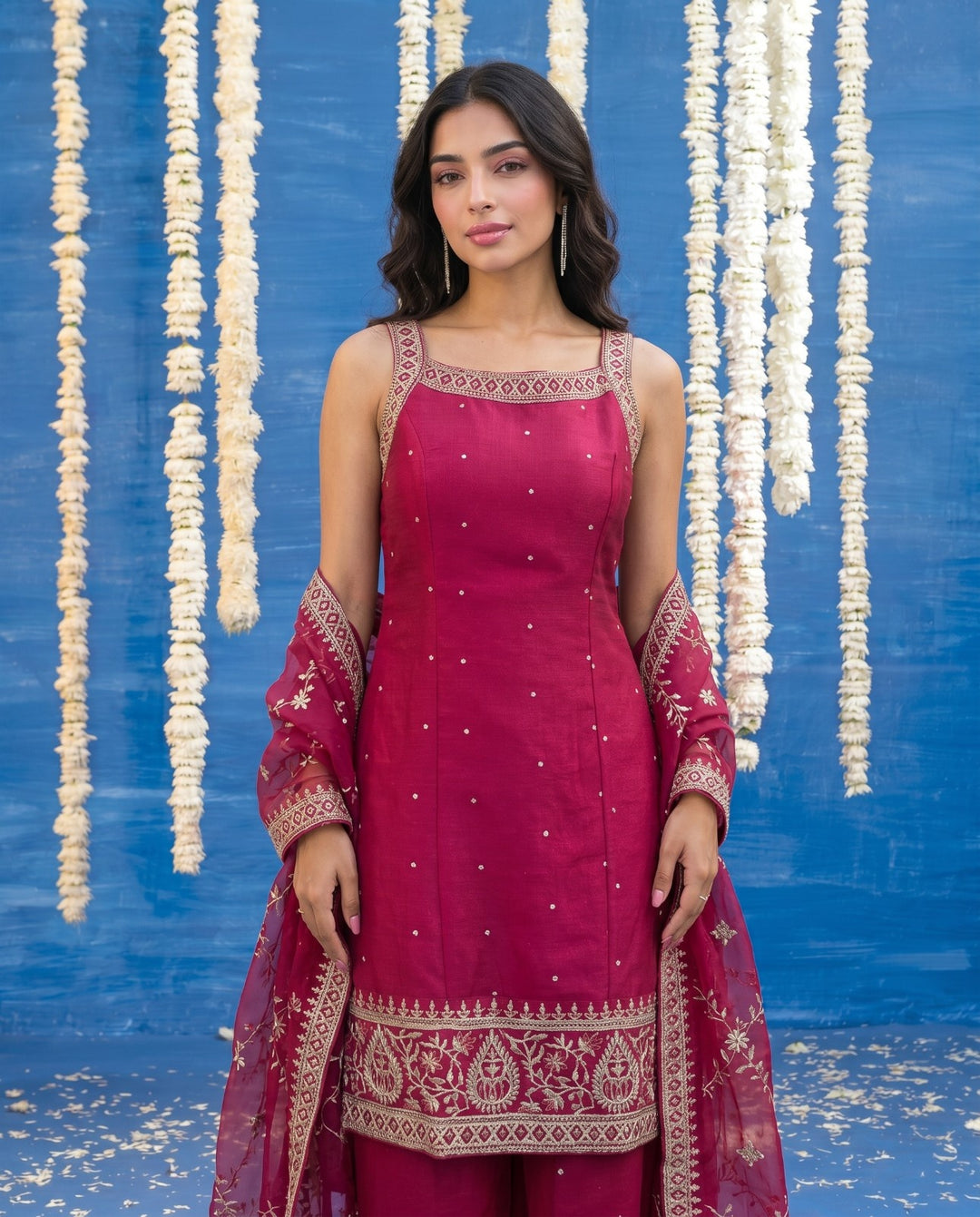 Magenta Embriodered Silk Blended Sleeveless Kurta Bottom Dupatta Set