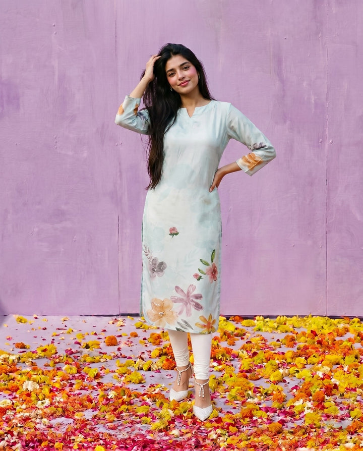 Sea Green Printed Crepe Silk Straight cut Long Kurta