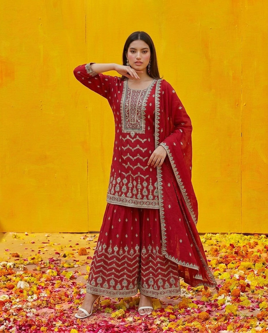 Maroon Embroidered Silk Blended Kurta Bottom Dupatta Set