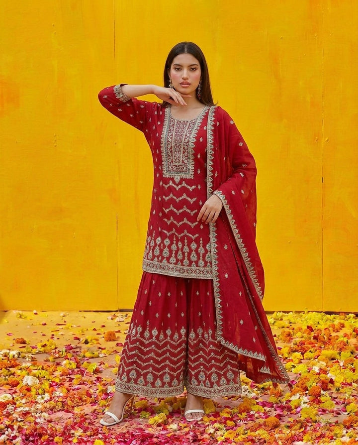 Maroon Embroidered Silk Blended Kurta Bottom Dupatta Set