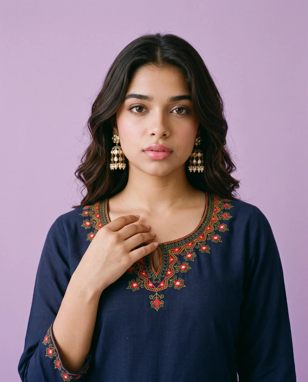 Navy Embroidered Rayon Straight cut Long Kurta