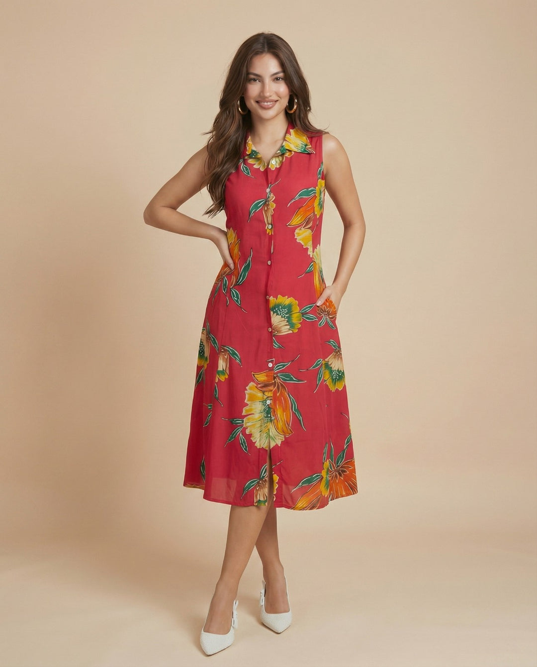 Red Printed Viscose Blended Midi Dress