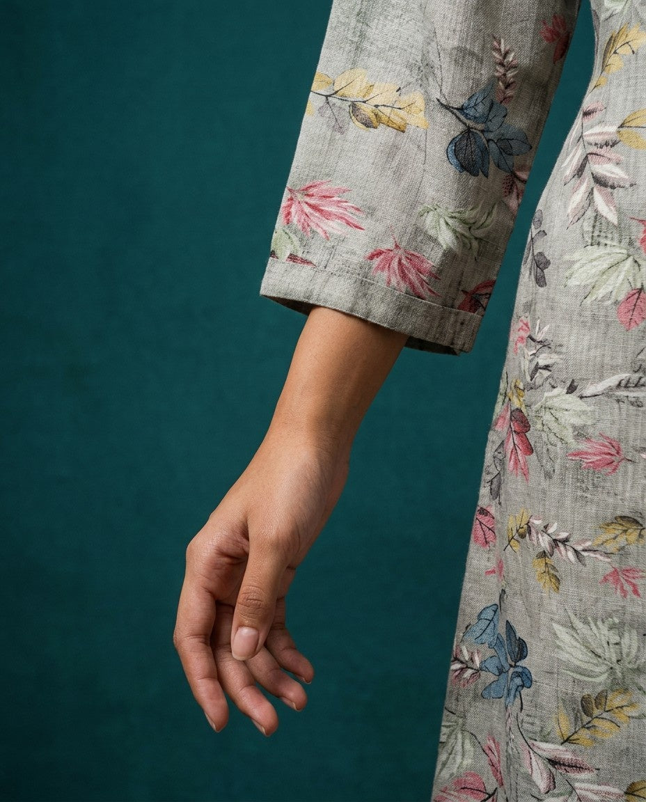 Grey Printed Viscose Blended Midi Dress
