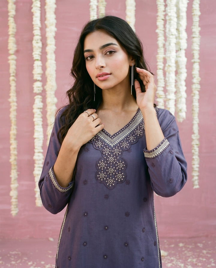 Purple Embroidered Viscose Blended Straight cut Long Kurta