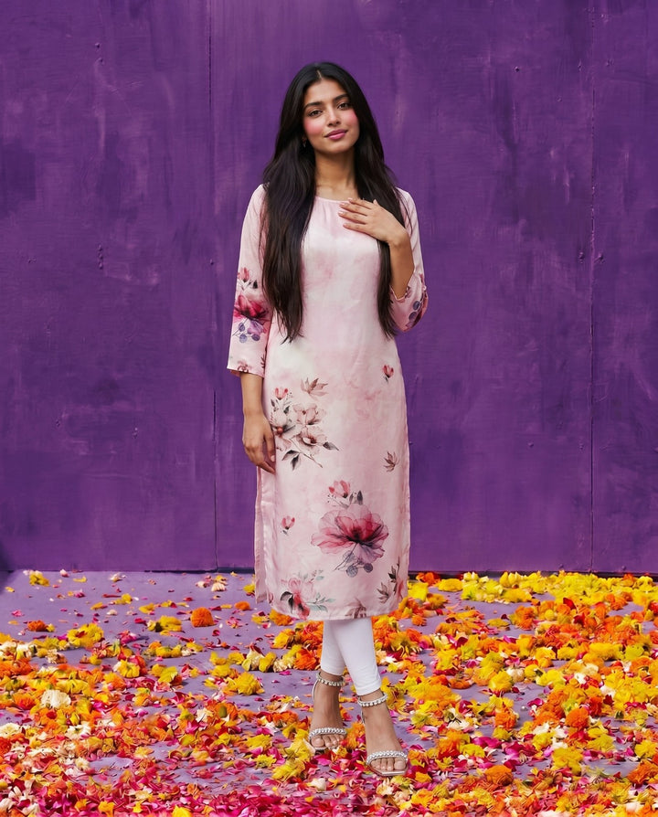 Pink Printed Crepe Silk Straight cut Long Kurta