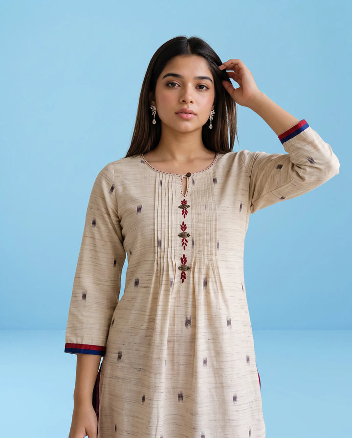 Beige Printed Cotton Blended Straight cut Long Kurta