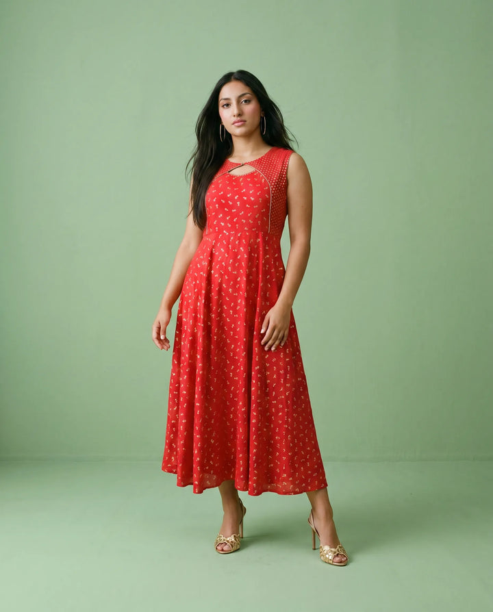 Red Printed Rayon Sleeveless Maxi Dress