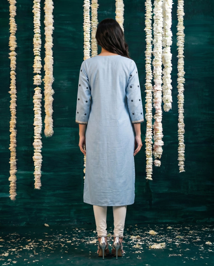 Blue Embroidered Viscose Blended Straight cut Long Kurta