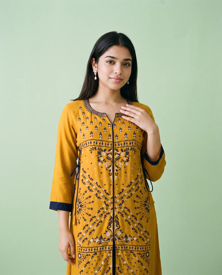 Yellow Embroidered Rayon Straight cut Long Kurta