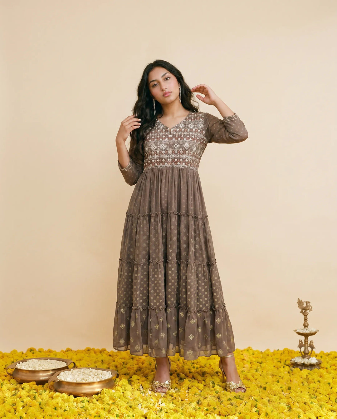 Brown Embriodered Georgette Maxi Dress