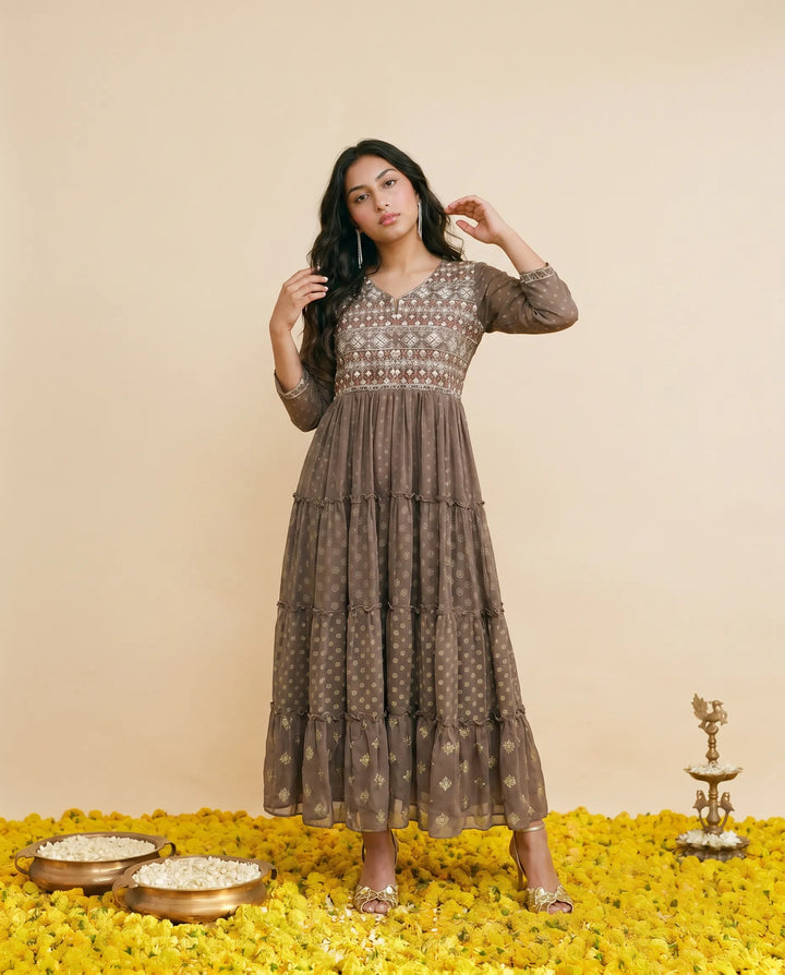 Brown Embriodered Georgette Maxi Dress