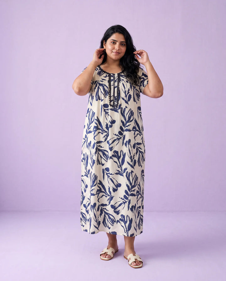 Navy Printed Super Soft Rayon Night Dress / Home Wear