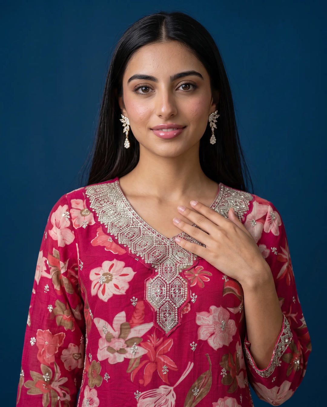 Magenta Embroidered Viscose Blended 3/4 Sleeves Straight Cut Long Kurta