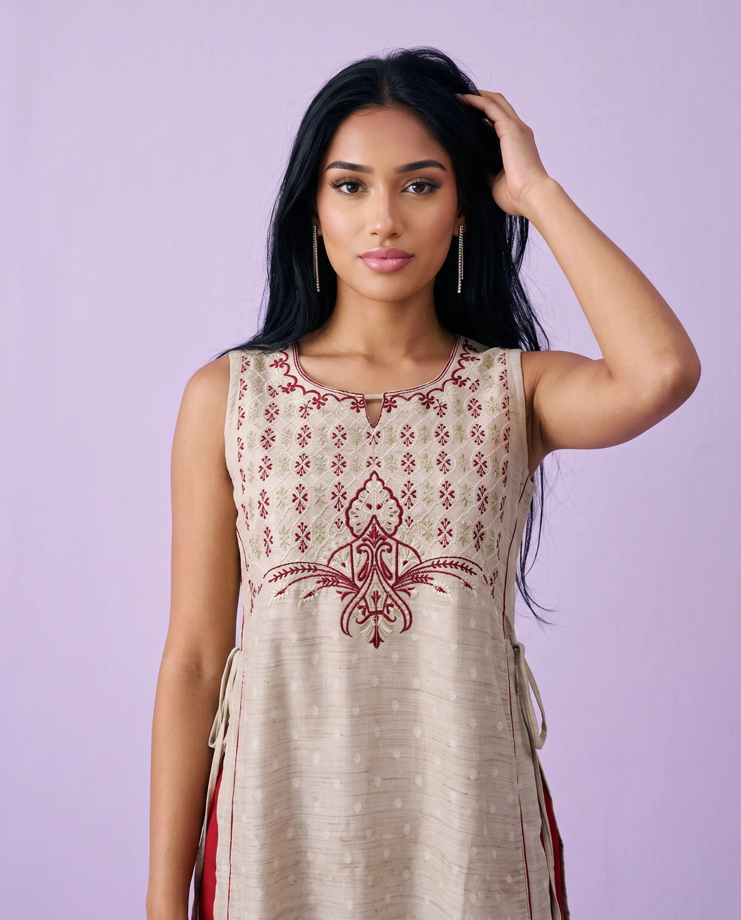 Beige Embroidered Cotton Straight cut Sleeveless Long Kurta