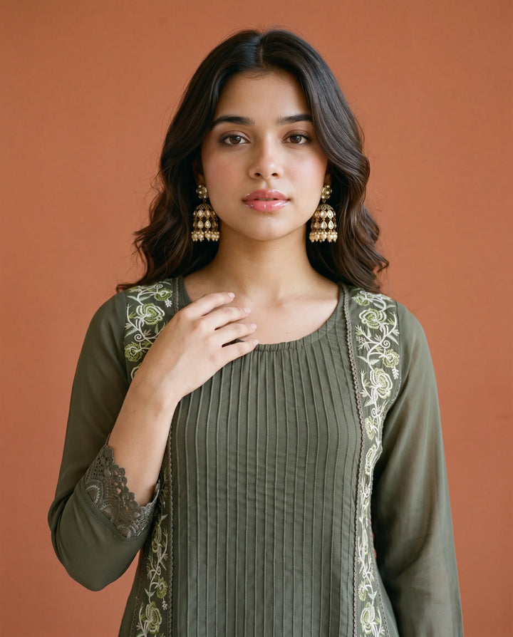 Olive Embroidered Georgette Straight cut Long Kurta