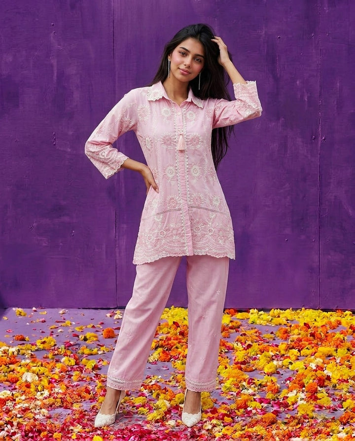 Pink Embroidered Cotton Satin Co-Ord Set