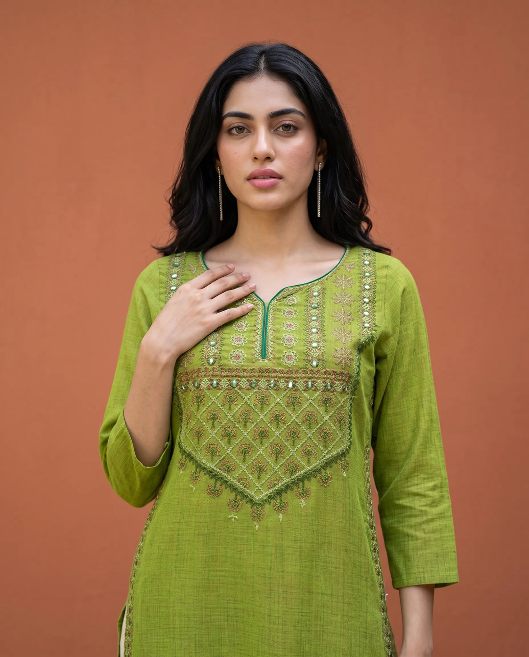 Green Embroidered Cotton Straight cut Long Kurta